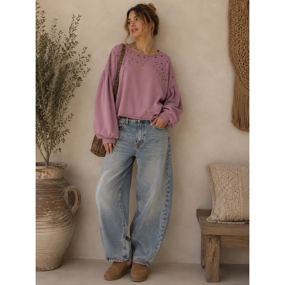 Abound Womens Purple Star Studded Puff Sleeve Distressed Cotton Sweatshirt M - Picture 1 of 7